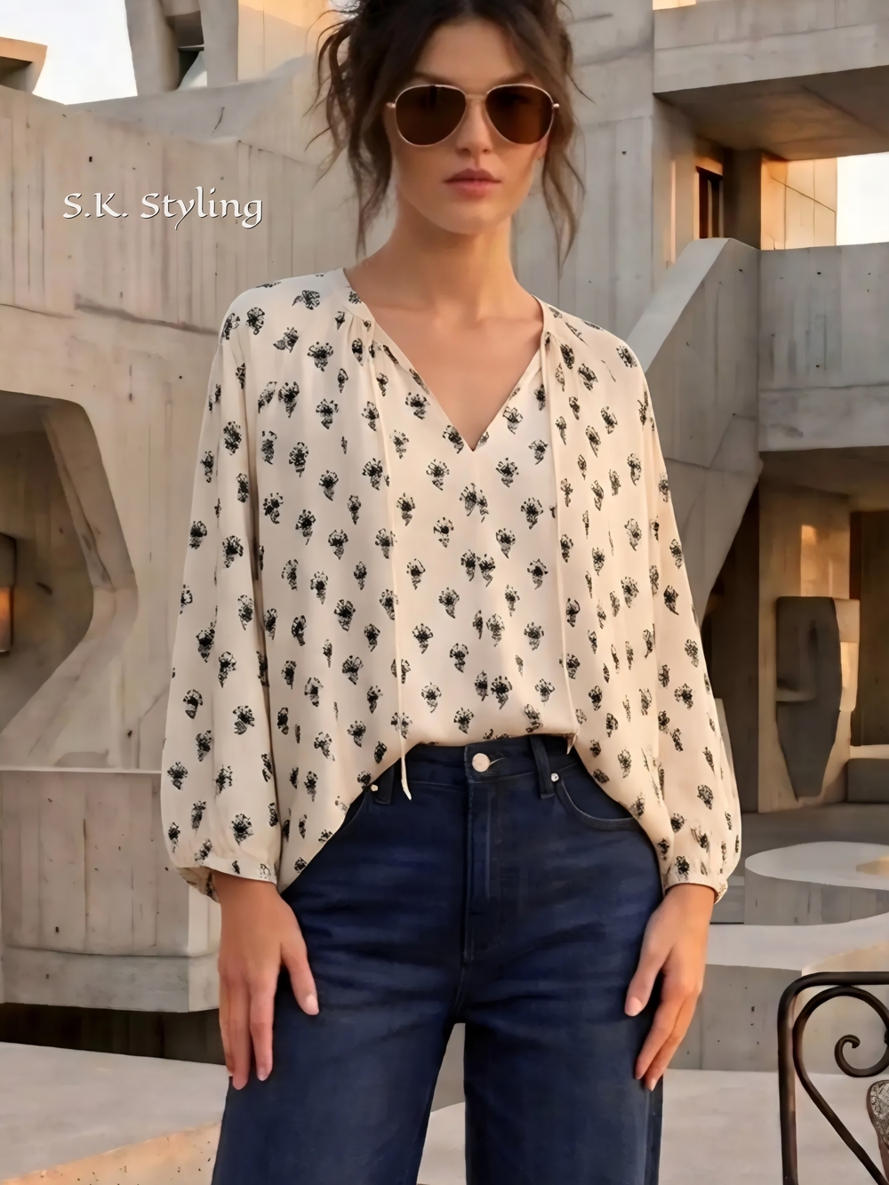 A New Day Boho Peasant Blouse Relaxed Fit Raglan Sleeve Tie Neck Linen Blend L